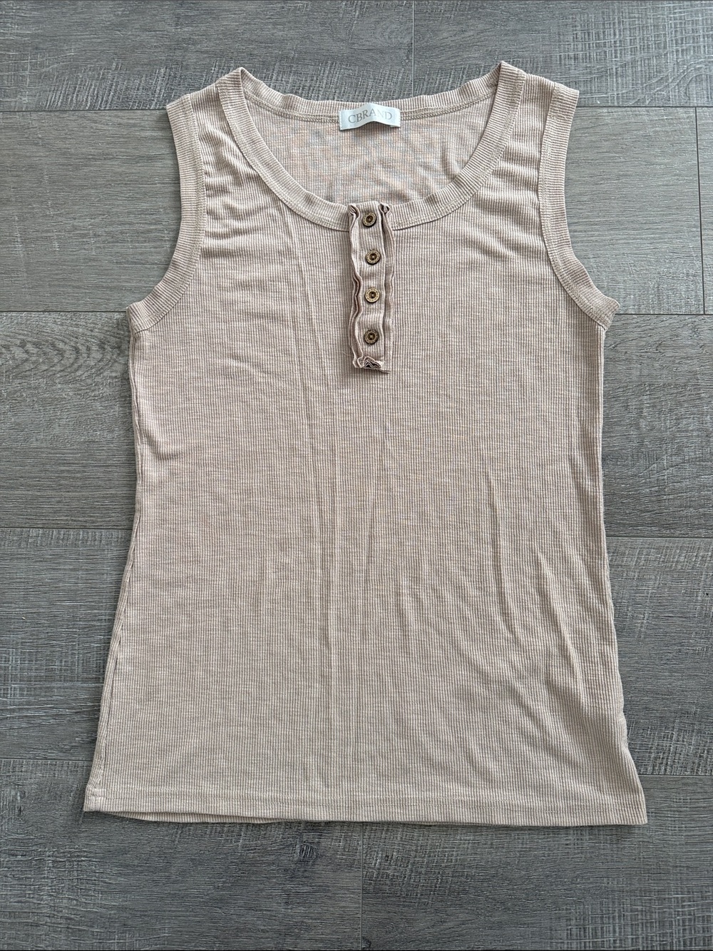 Light Beige Ribbed Henley Tank Top with Button Placket